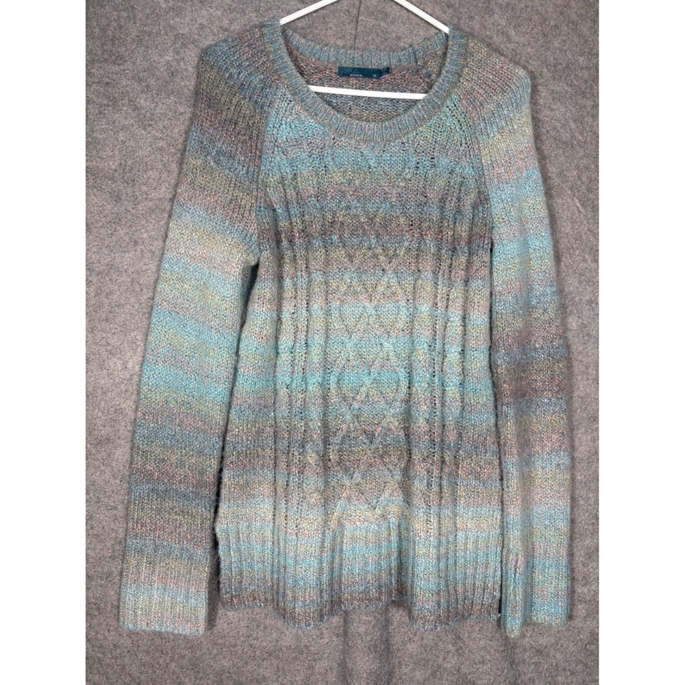 Prana Womens Space Dye Cable Knit Sweater Blue Pink Striped Raglan Pullover M